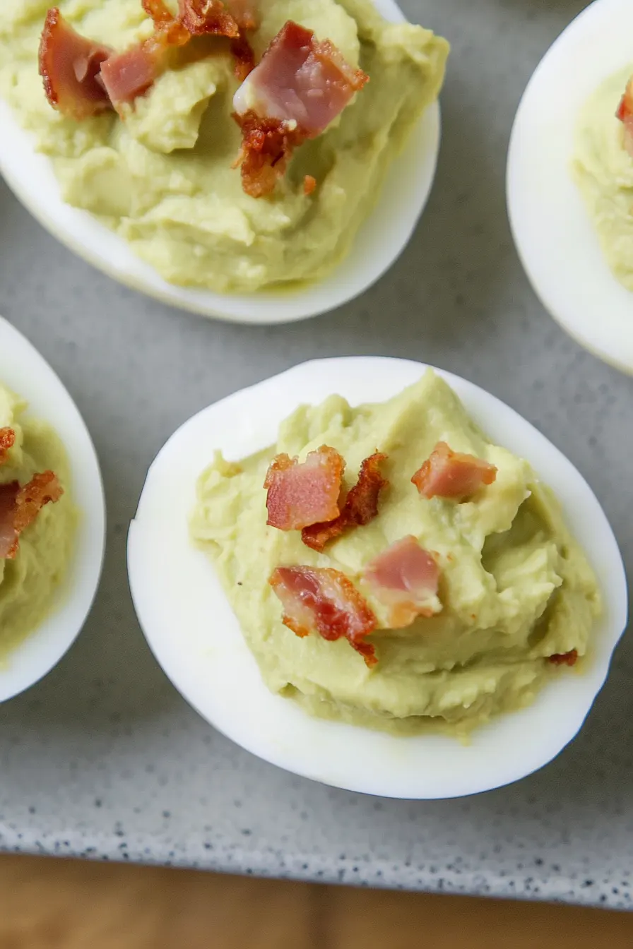 green deviled eggs and ham