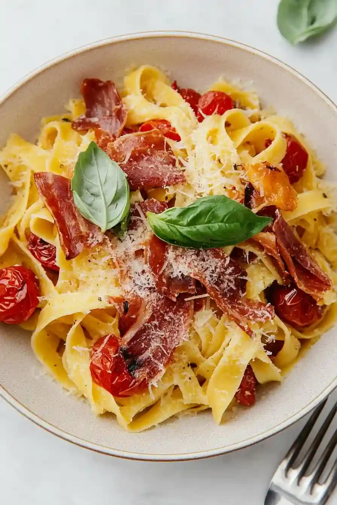 Juicy Pasta with Prosciutto and Cherry Tomatoes