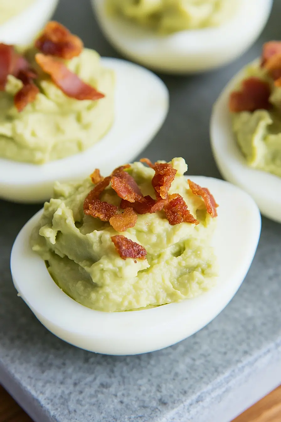 green deviled eggs and ham