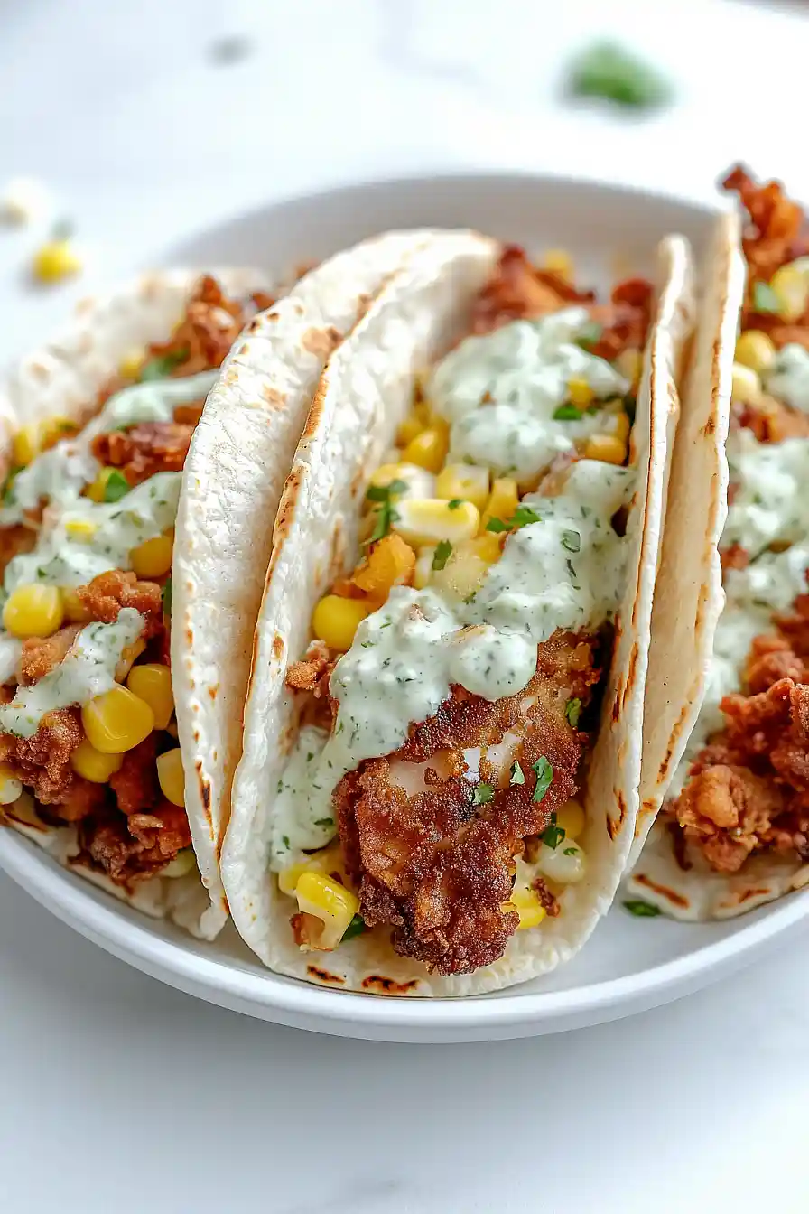fried chicken street corn taco with jalapeno lime ranch