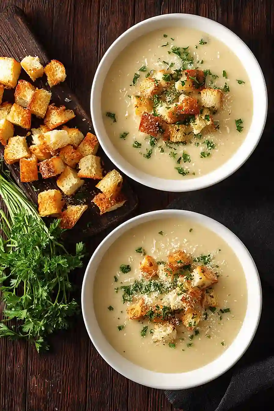 creamy garlic bread soup with homemade croutons