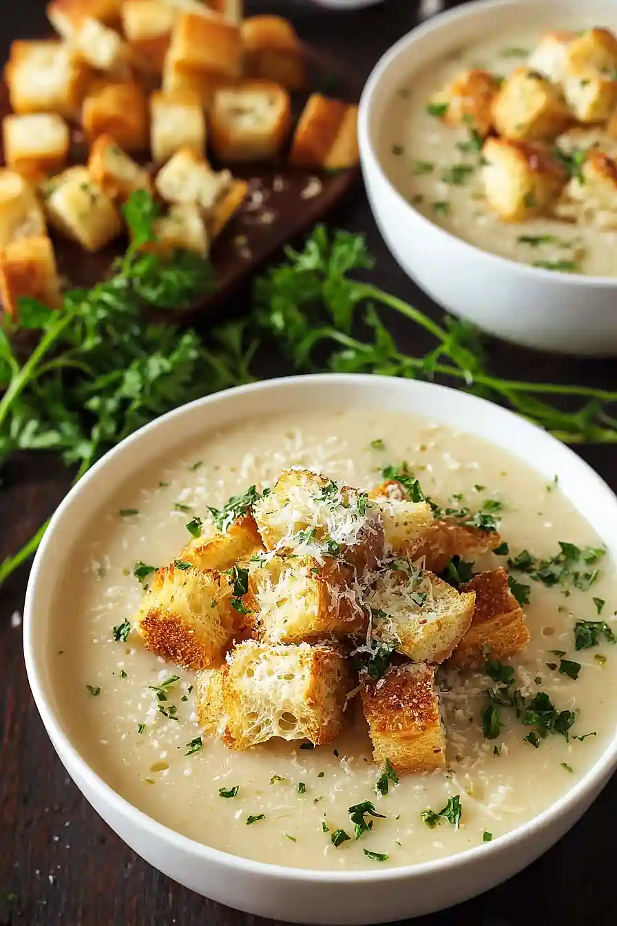 creamy garlic bread soup with homemade croutons