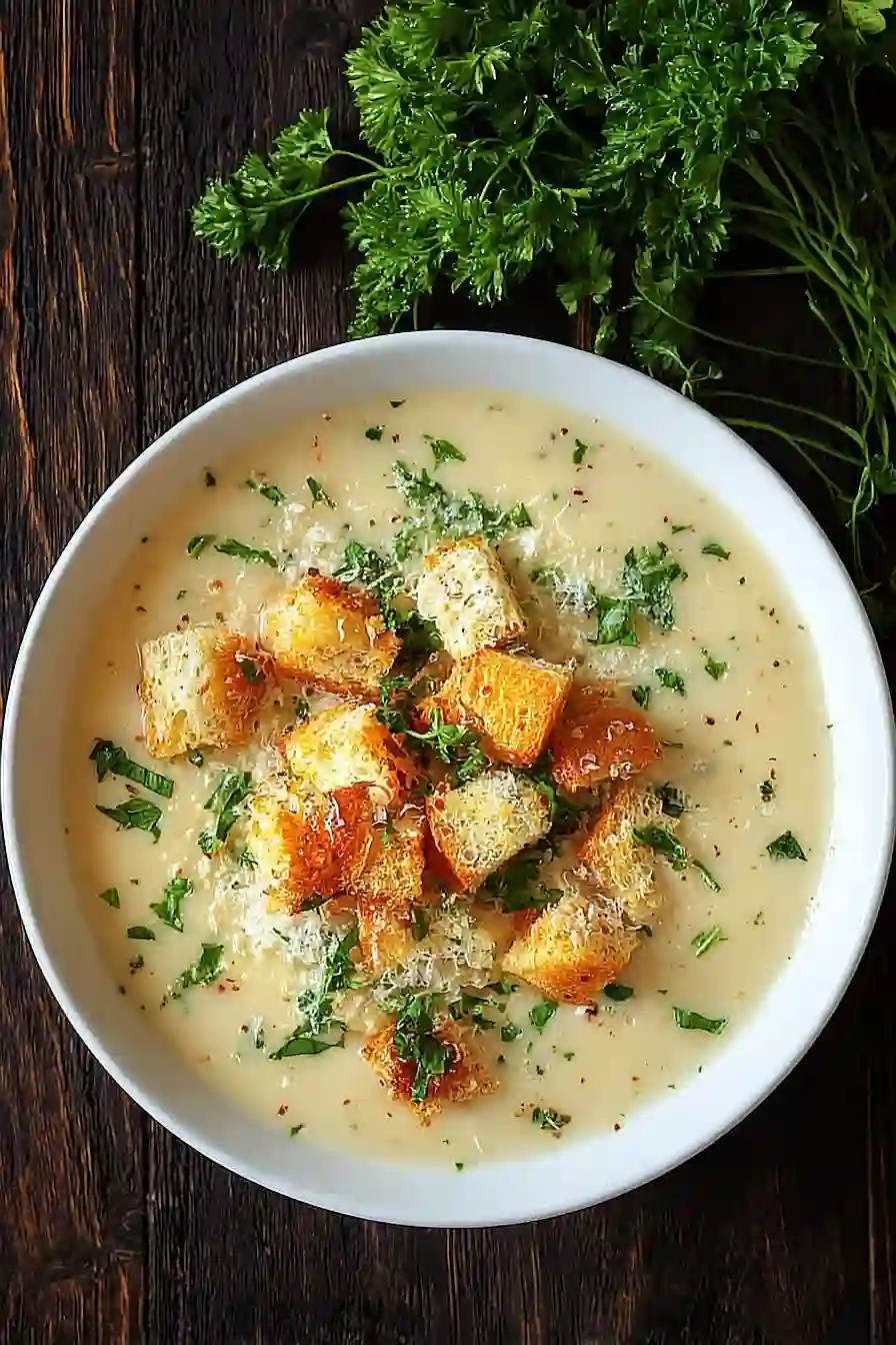 creamy garlic bread soup with homemade croutons