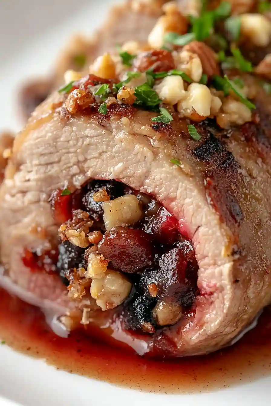 apple and walnut stuffed pork tenderloin with red currant sauce