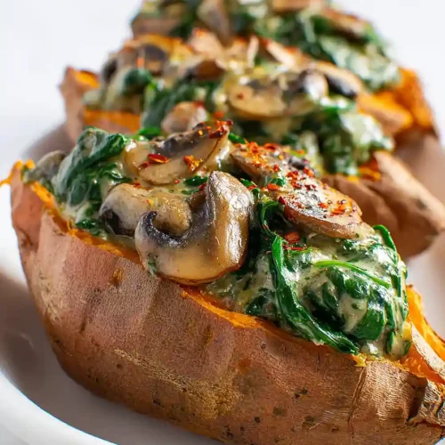 Creamy Mushroom and Spinach Stuffed Sweet Potatoes