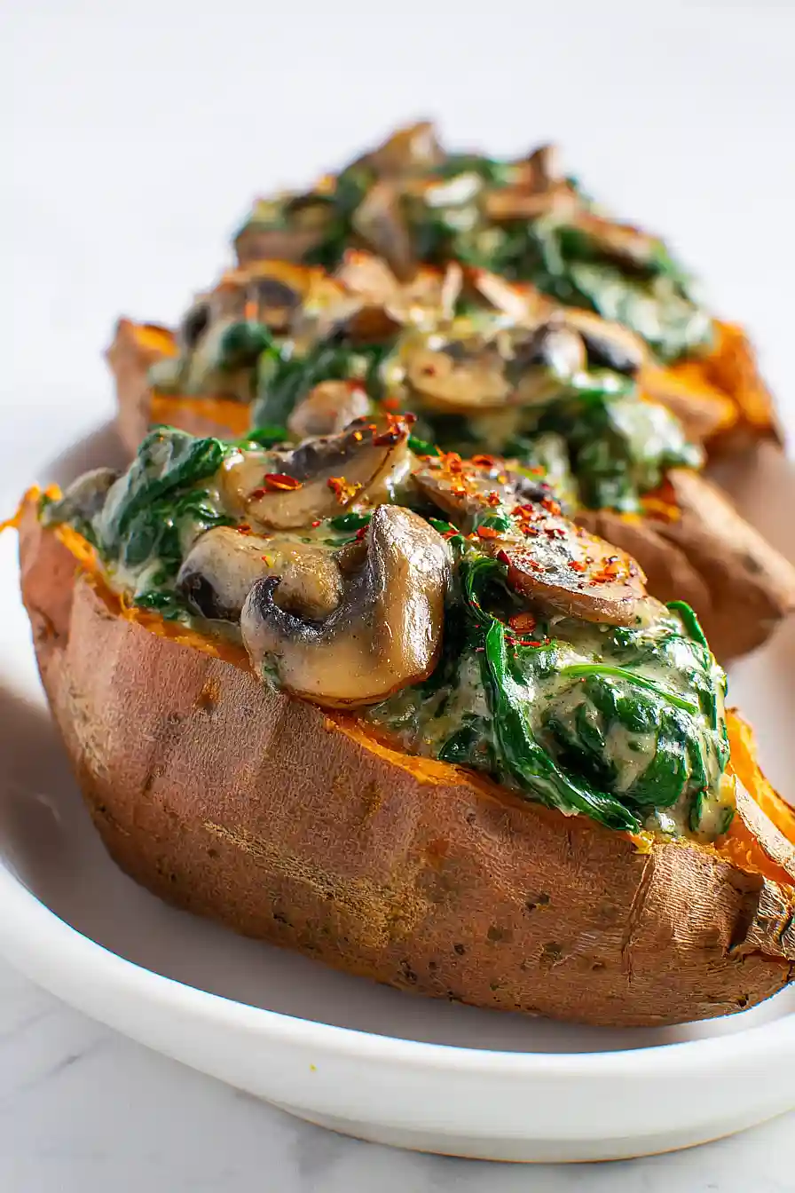 Creamy Mushroom and Spinach Stuffed Sweet Potatoes