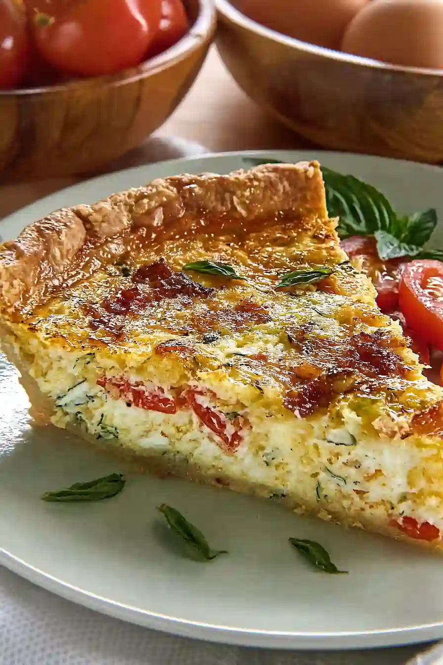 tomato bacon quiche with basil