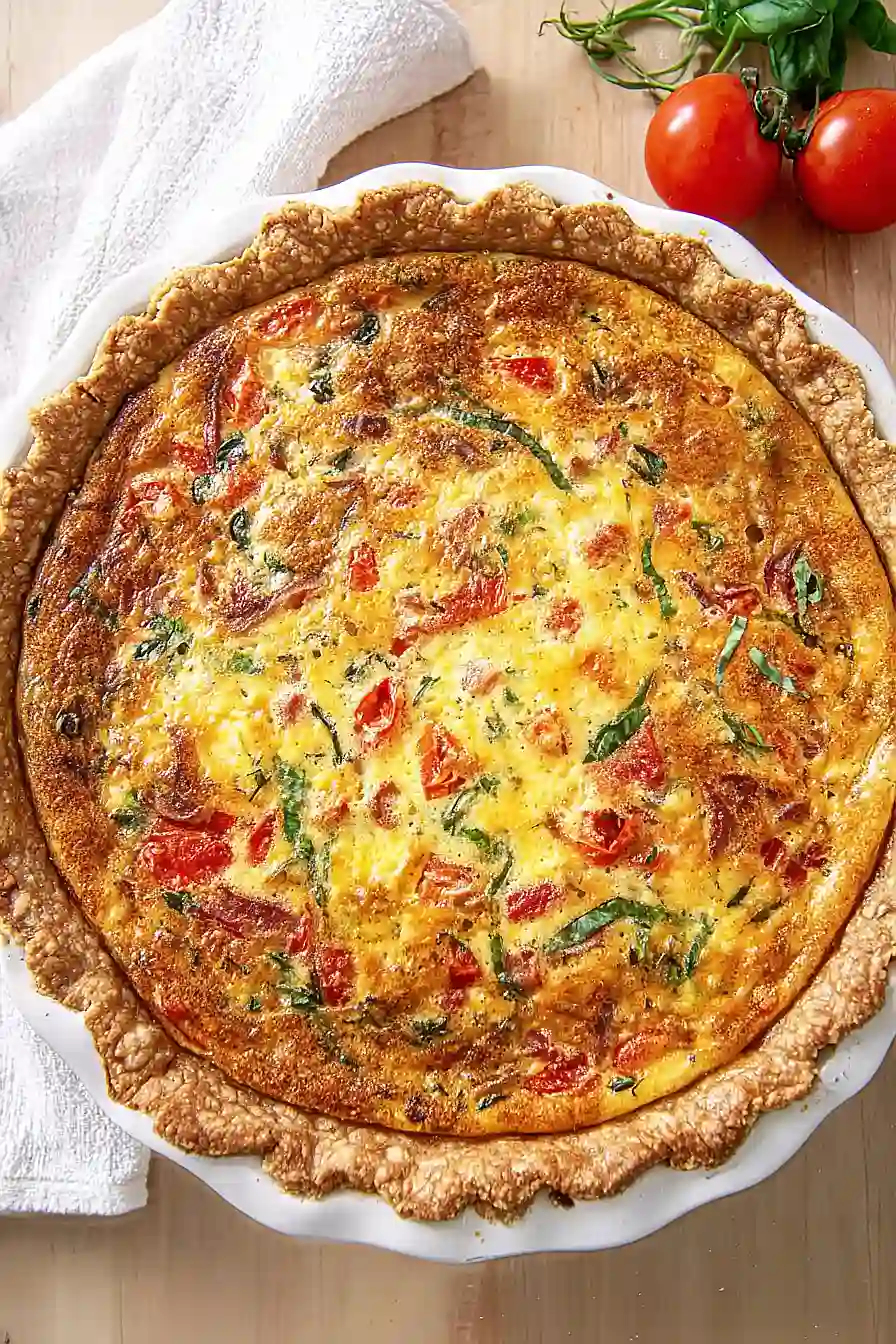 tomato bacon quiche with basil