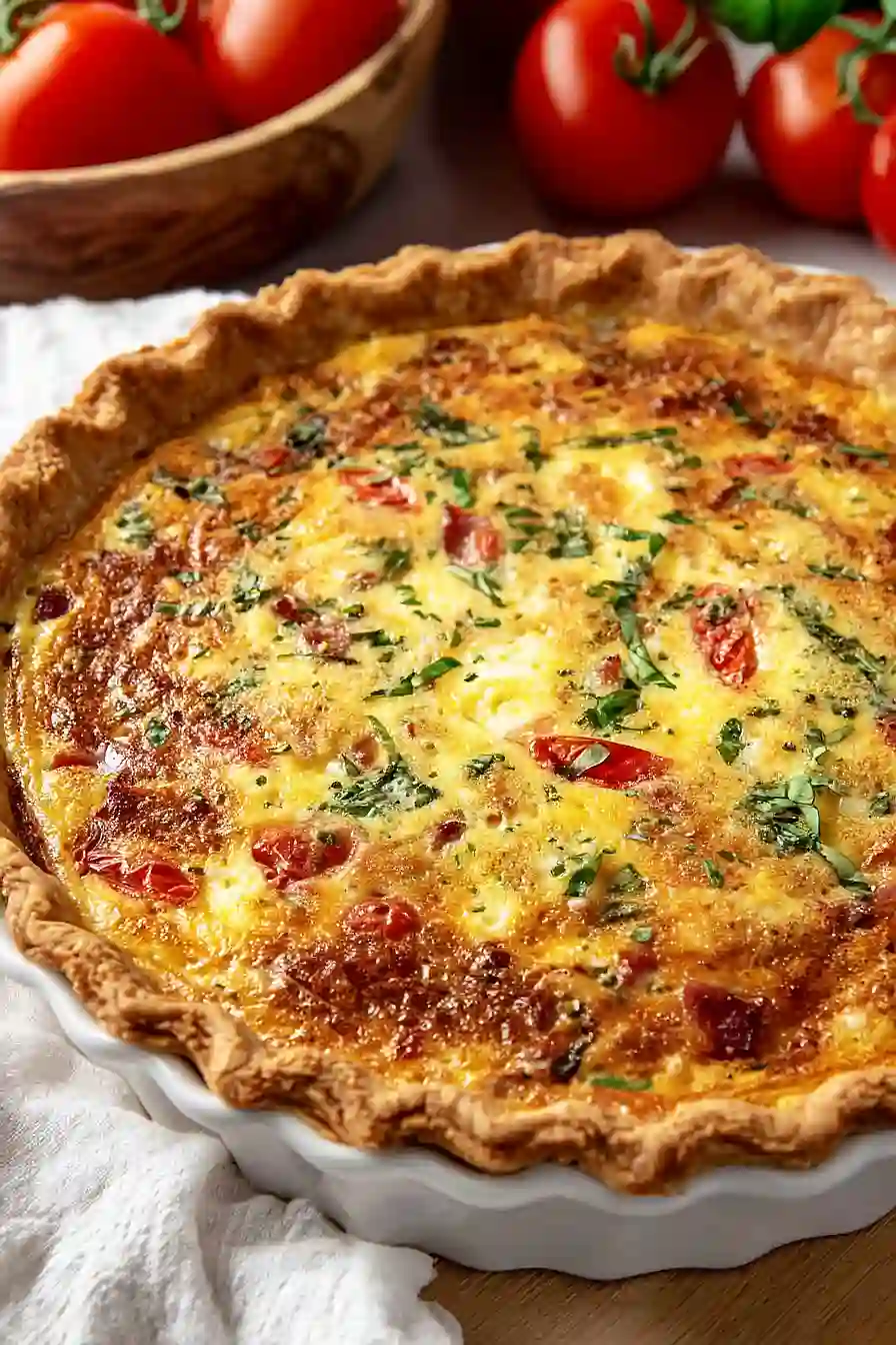 tomato bacon quiche with basil