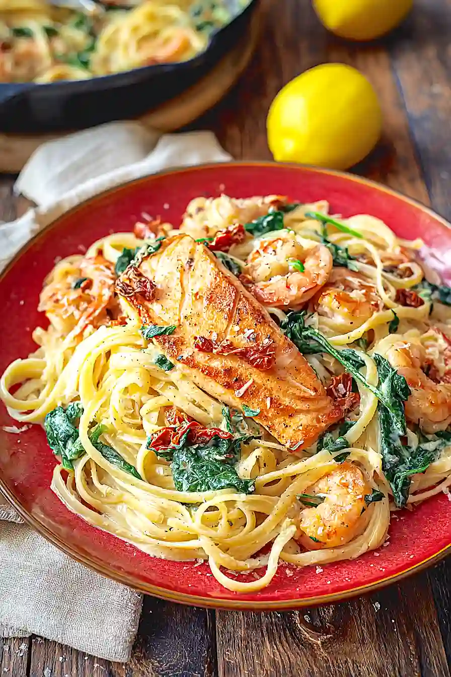 creamy tuscan salmon shrimp pasta