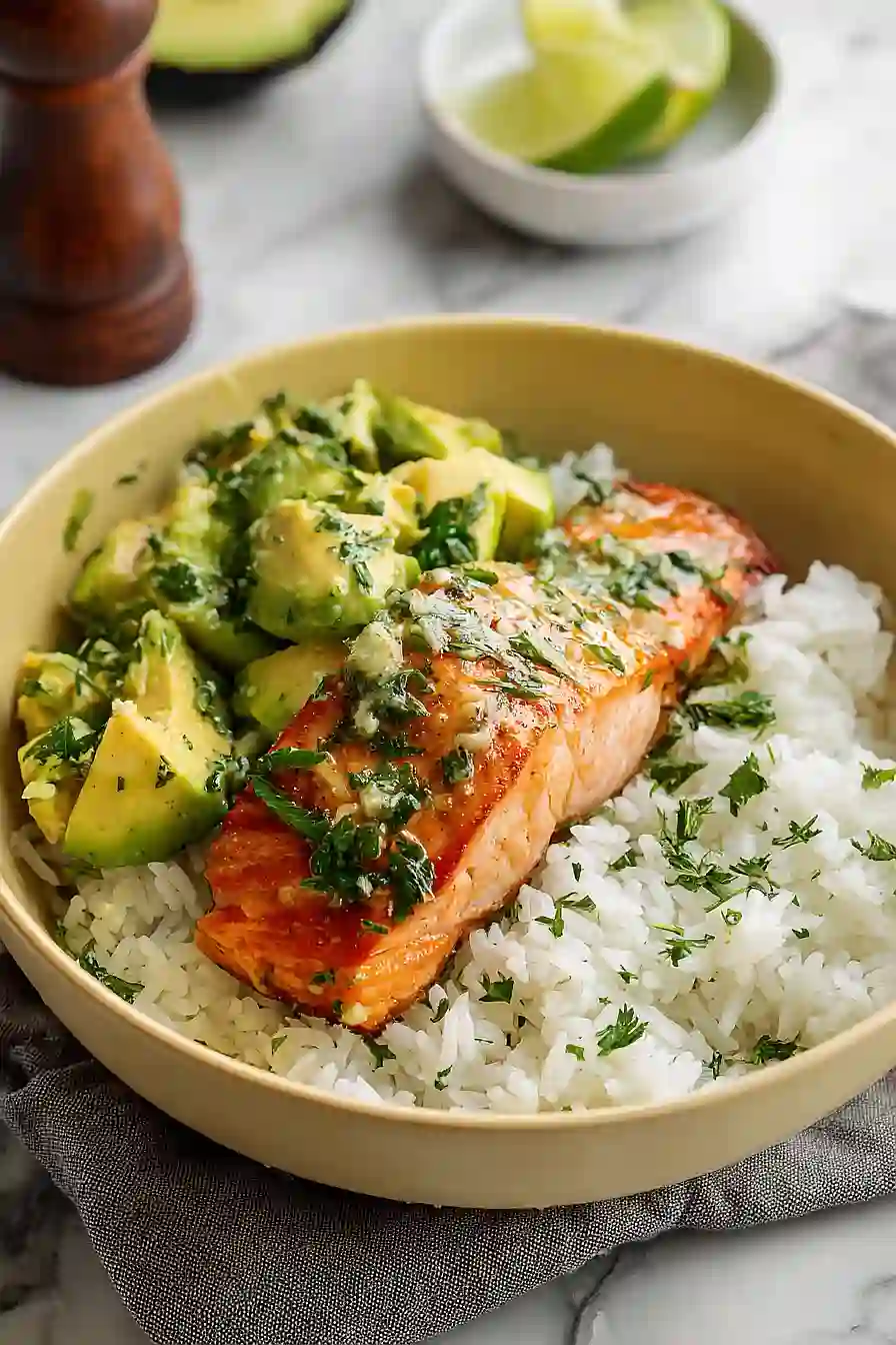 Easy Avocado Salmon Rice Bowl - theamazingfood