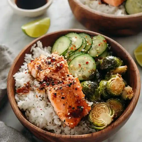 salmon rice bowl with brussel sprouts