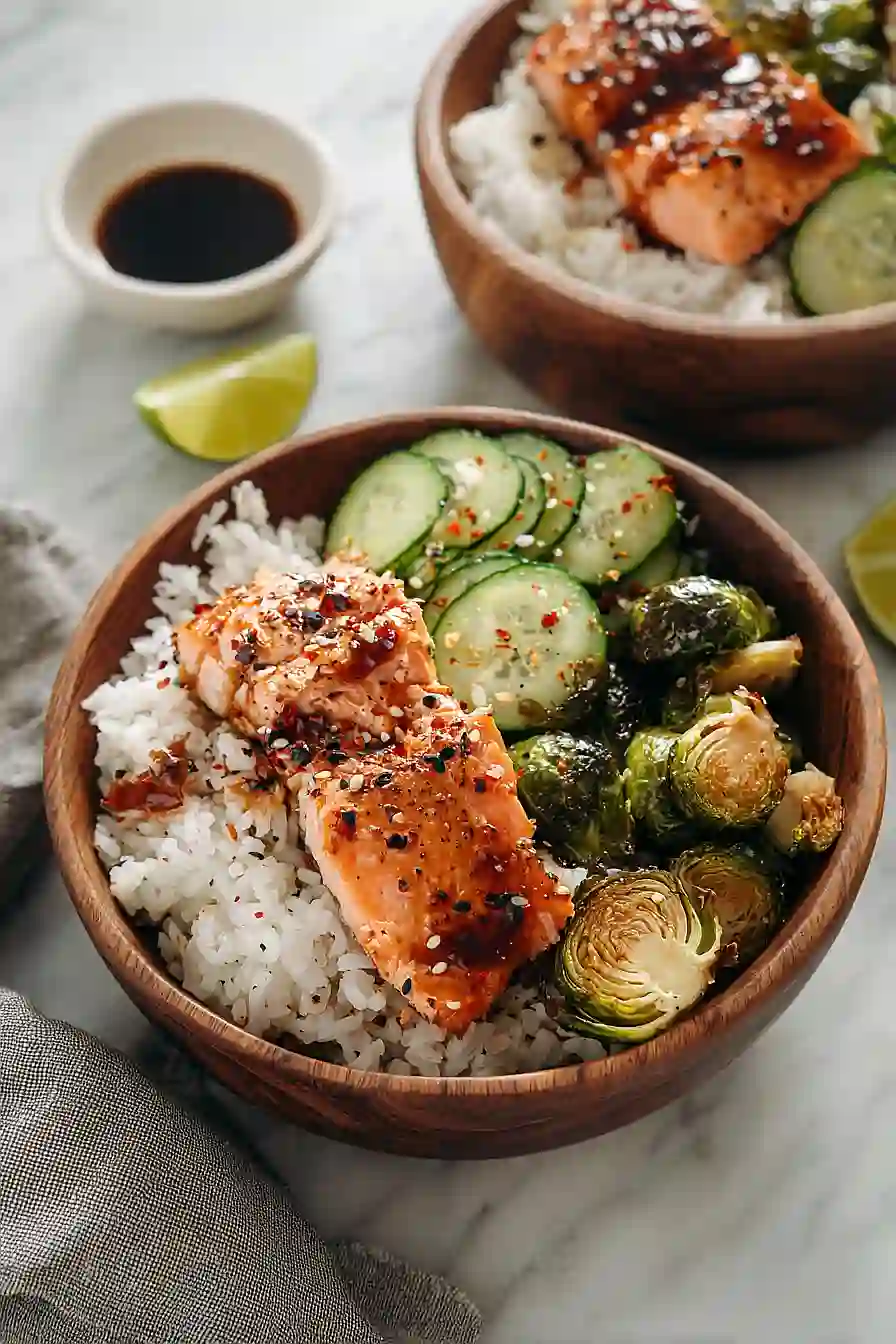 salmon rice bowl with brussel sprouts