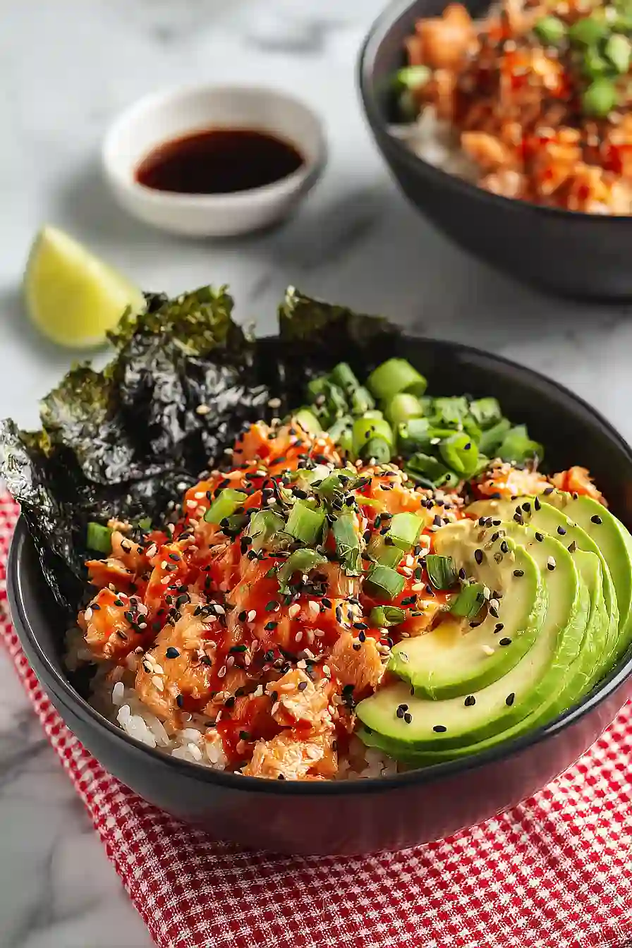 salmon rice bowl with seaweed
