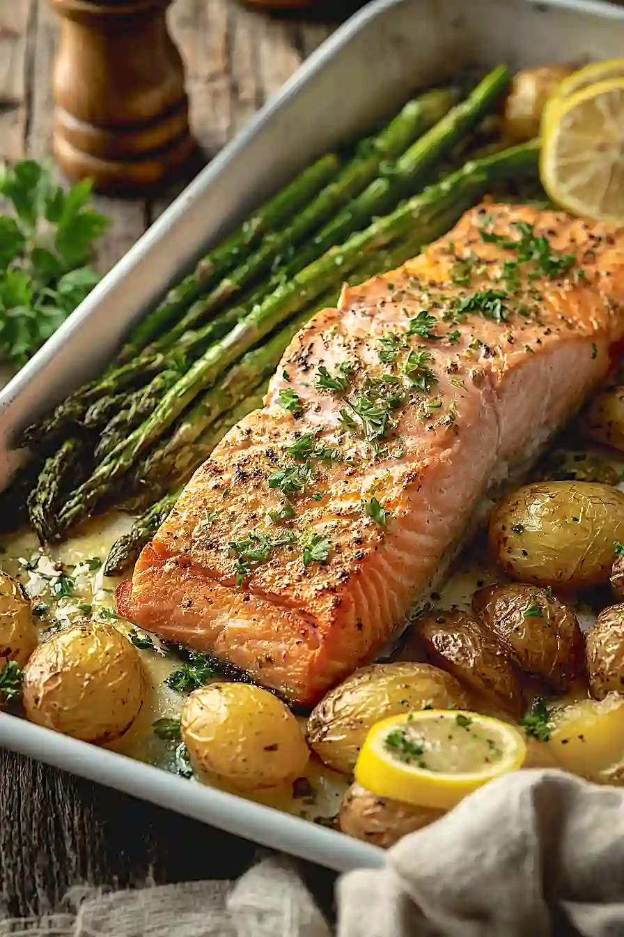garlic butter roasted salmon with potatoes and asparagus