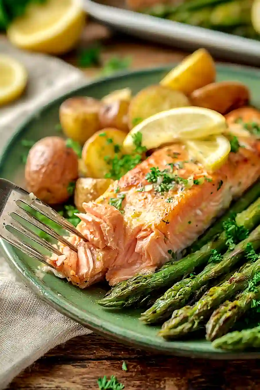 garlic butter roasted salmon with potatoes and asparagus