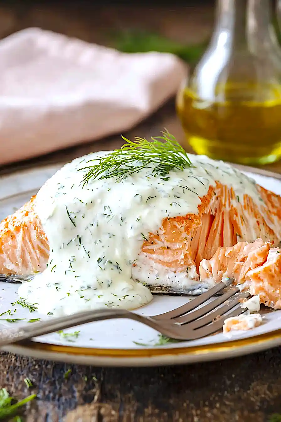 poached salmon with dill sauce