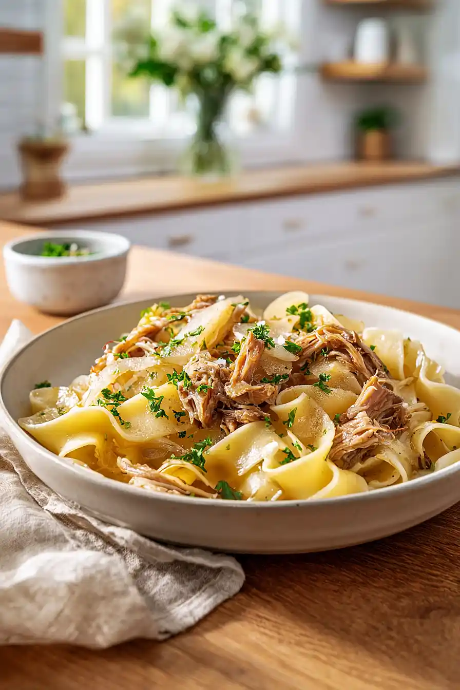 pork, sauerkraut and noodles