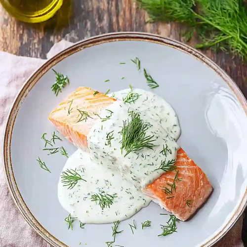poached salmon with dill sauce