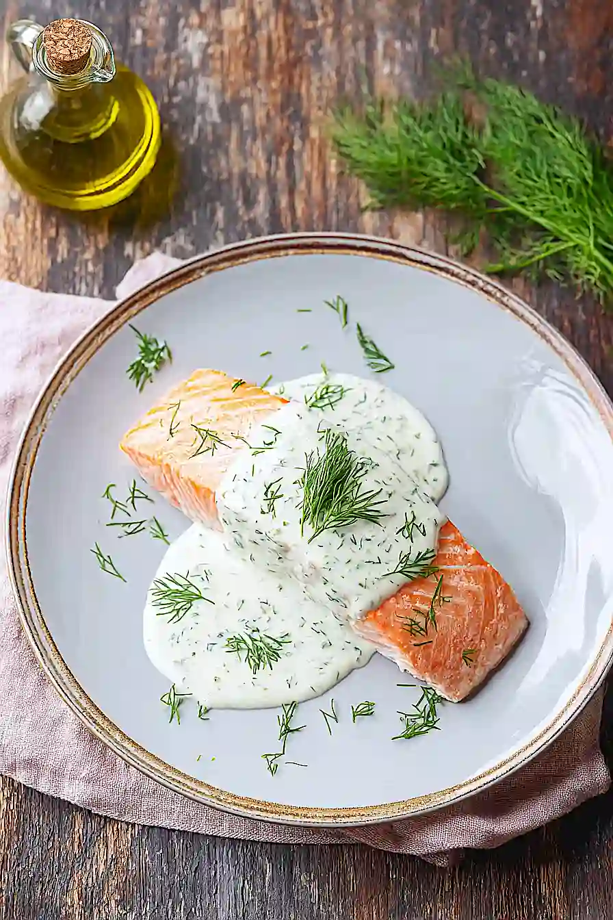 poached salmon with dill sauce