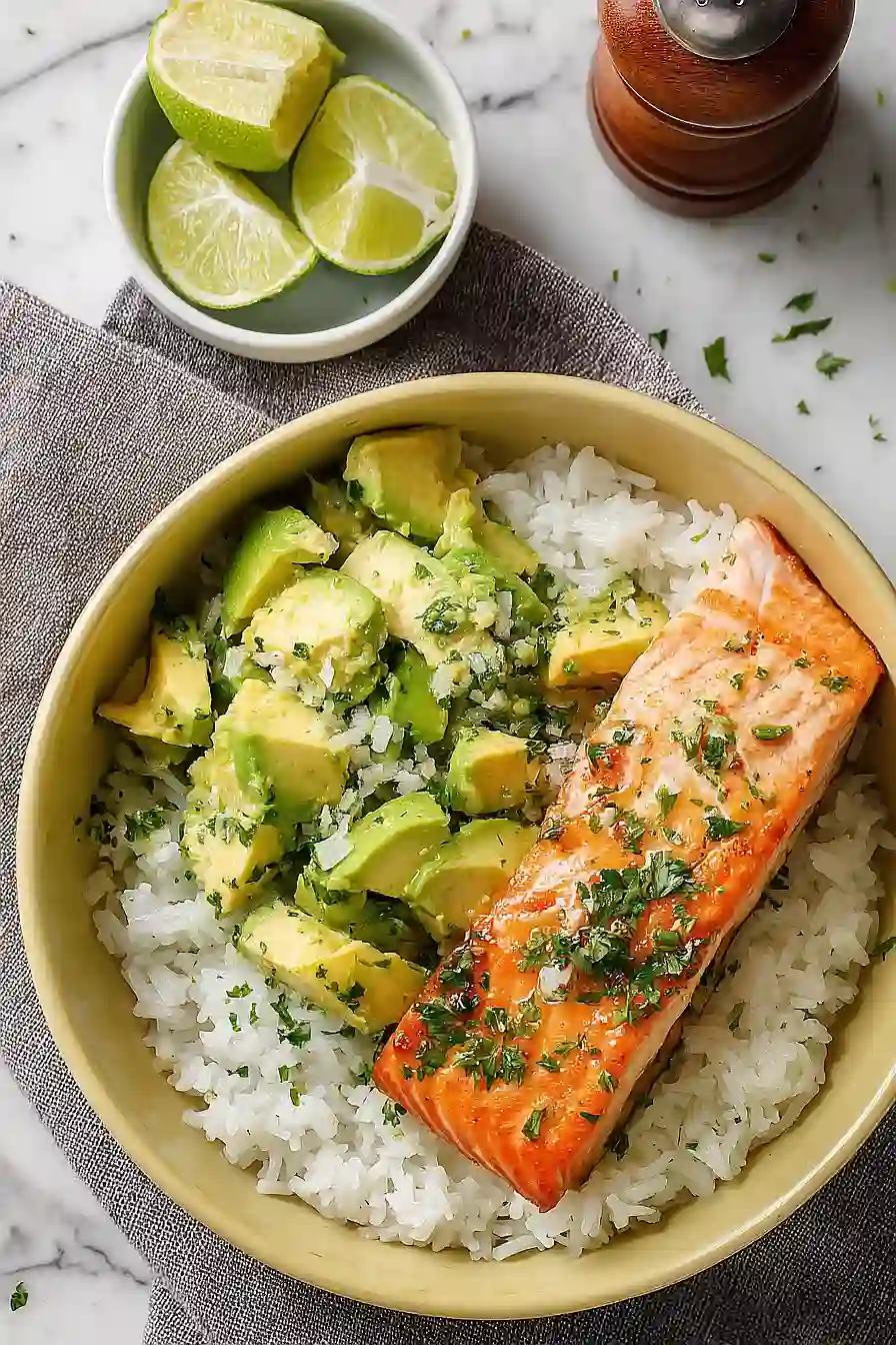 avocado salmon rice bowl