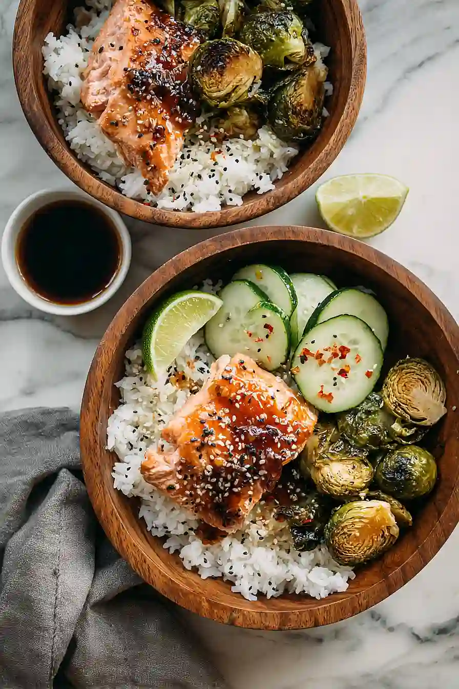 salmon rice bowl with brussel sprouts