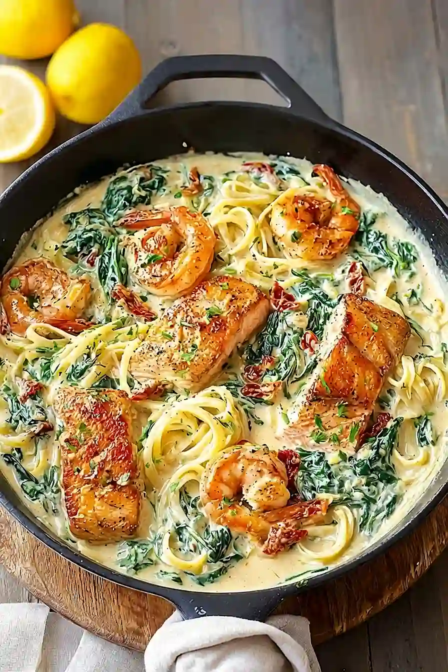 creamy tuscan salmon shrimp pasta