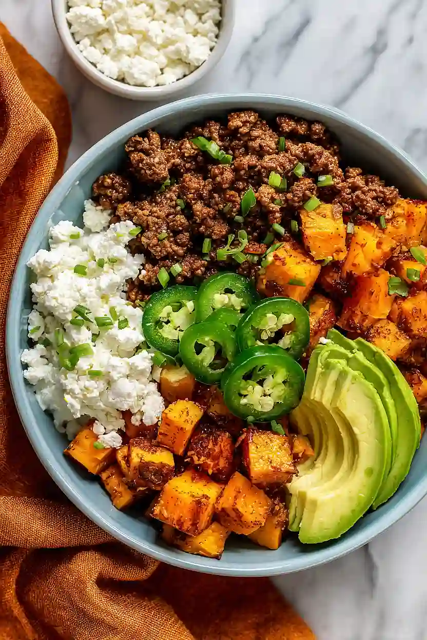 ground beef and sweet potato bowls