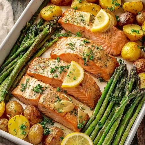garlic butter roasted salmon with potatoes and asparagus