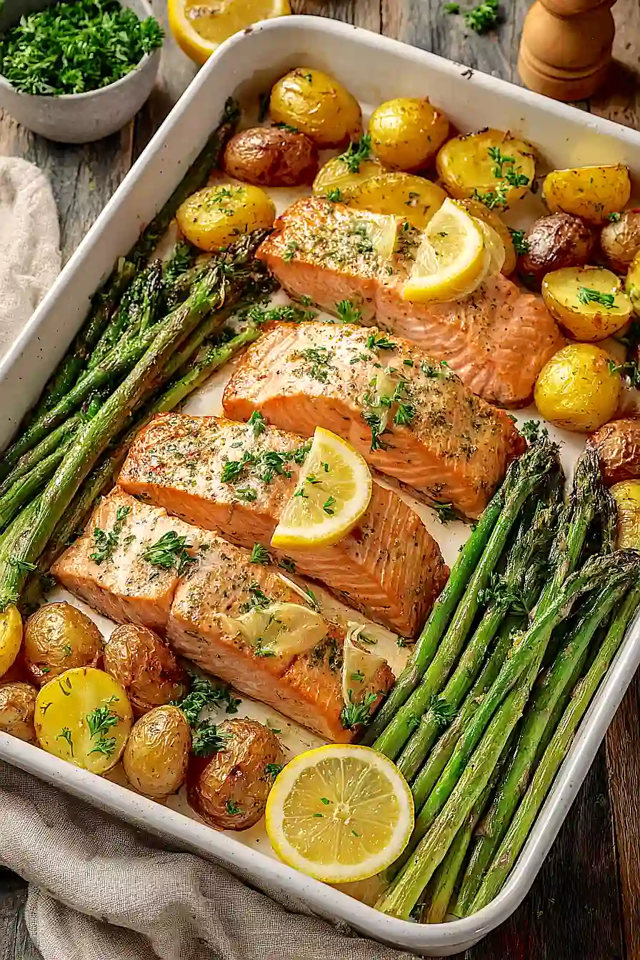 garlic butter roasted salmon with potatoes and asparagus