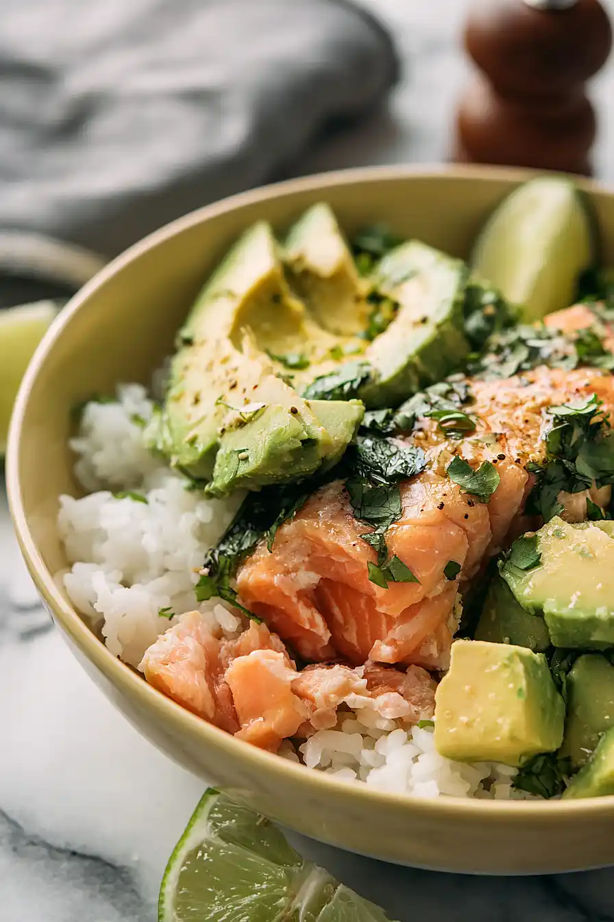 avocado salmon rice bowl