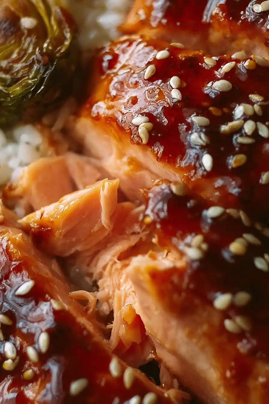 salmon rice bowl with brussel sprouts