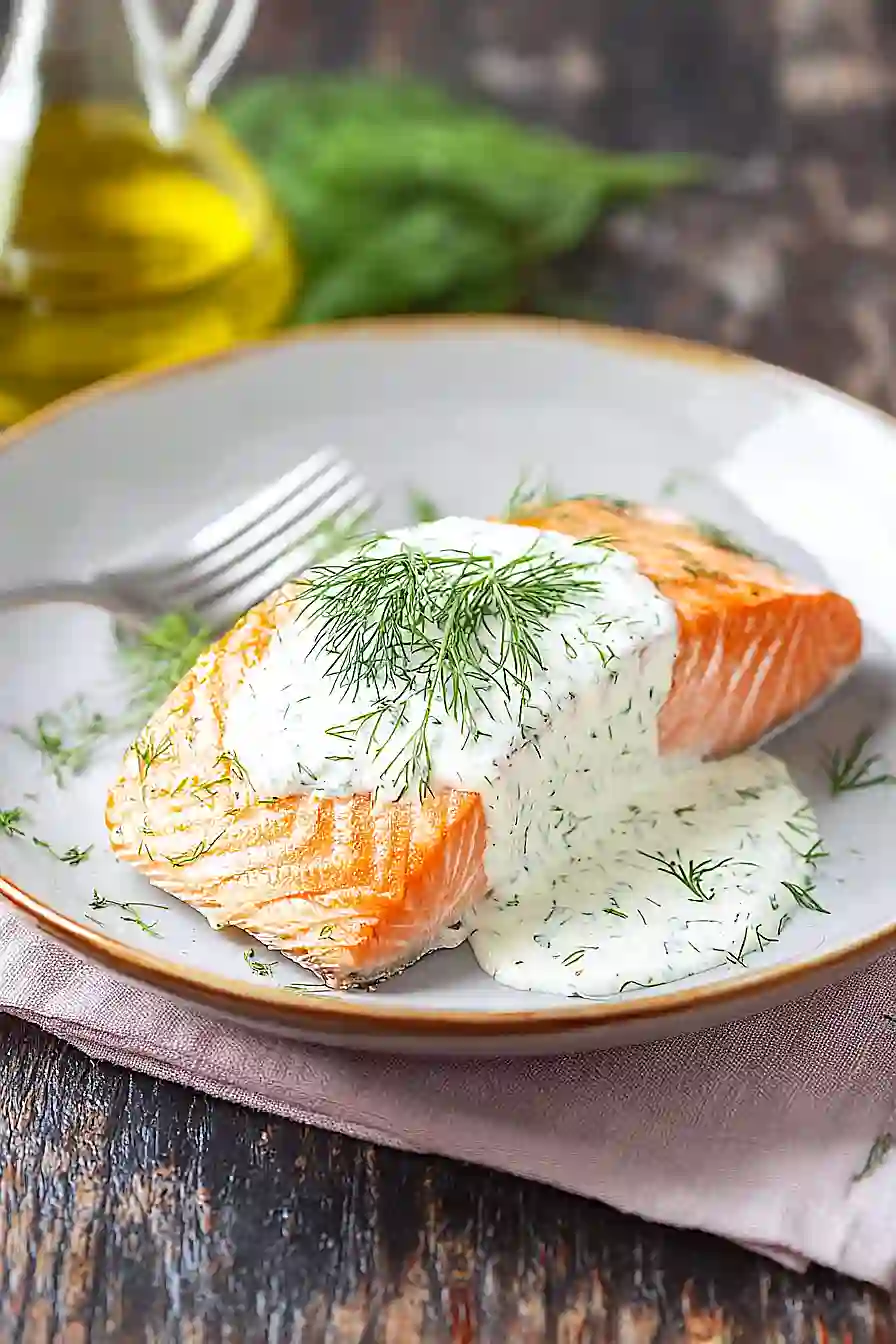 poached salmon with dill sauce