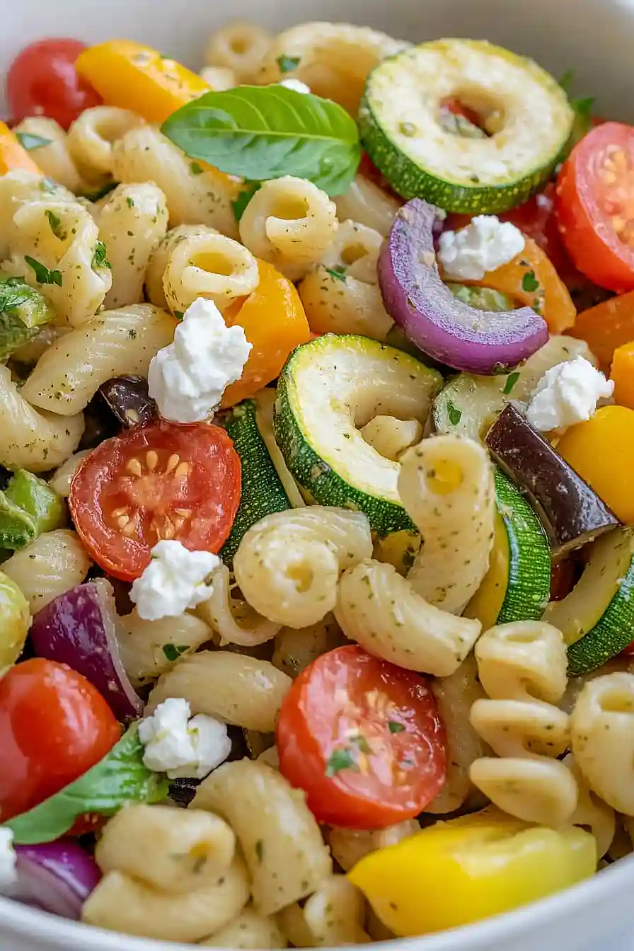 roasted vegetable and goat cheese pasta salad