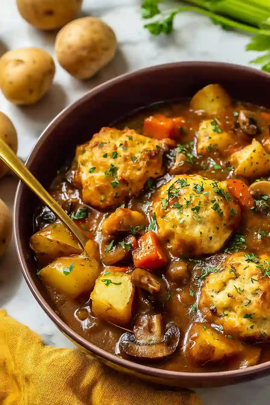 vegan irish stew with herb dumplings