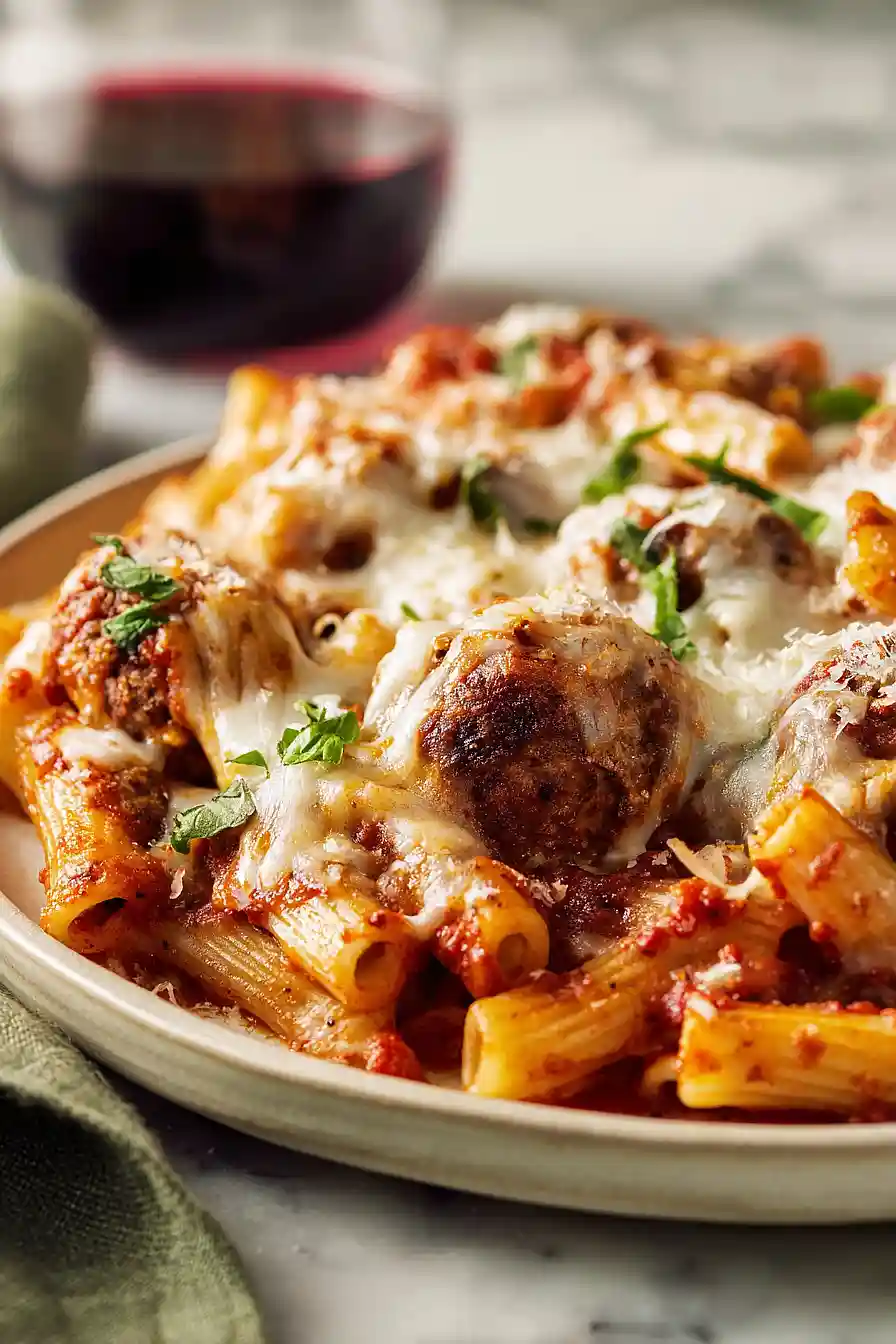 baked mostaccioli with meatballs