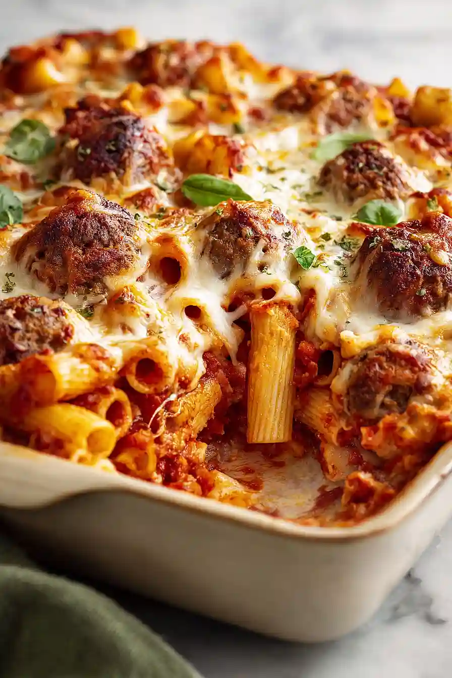 baked mostaccioli with meatballs