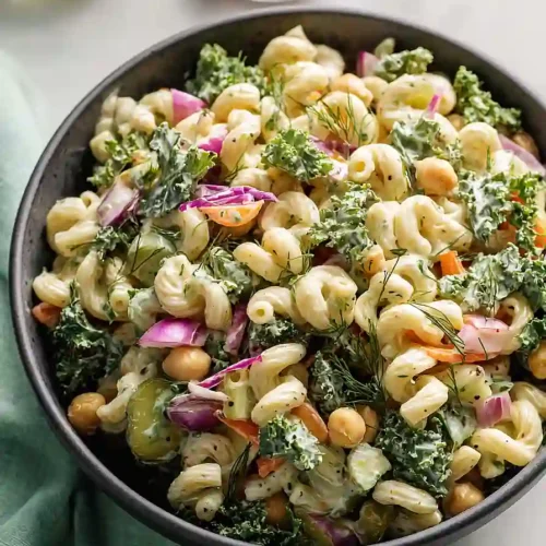 high protein dill pickle pasta salad