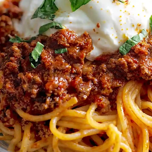 spaghetti bolognese with burrata