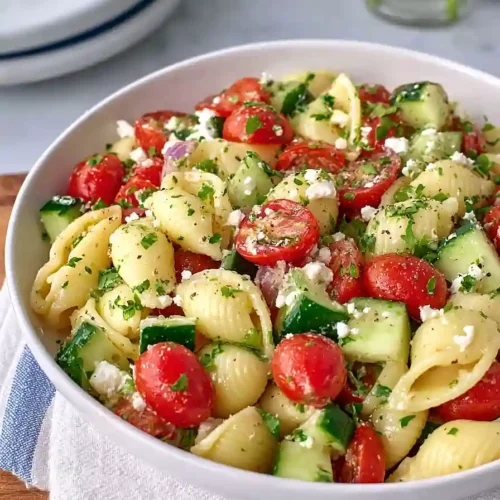 cucumber and tomato pasta salad with feta