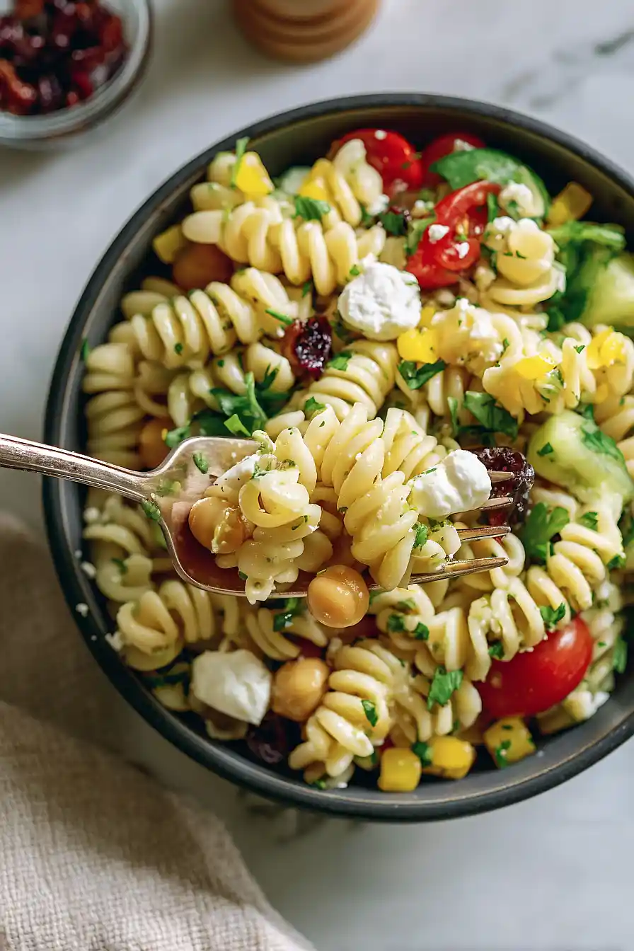 high protein chickpea pasta salad