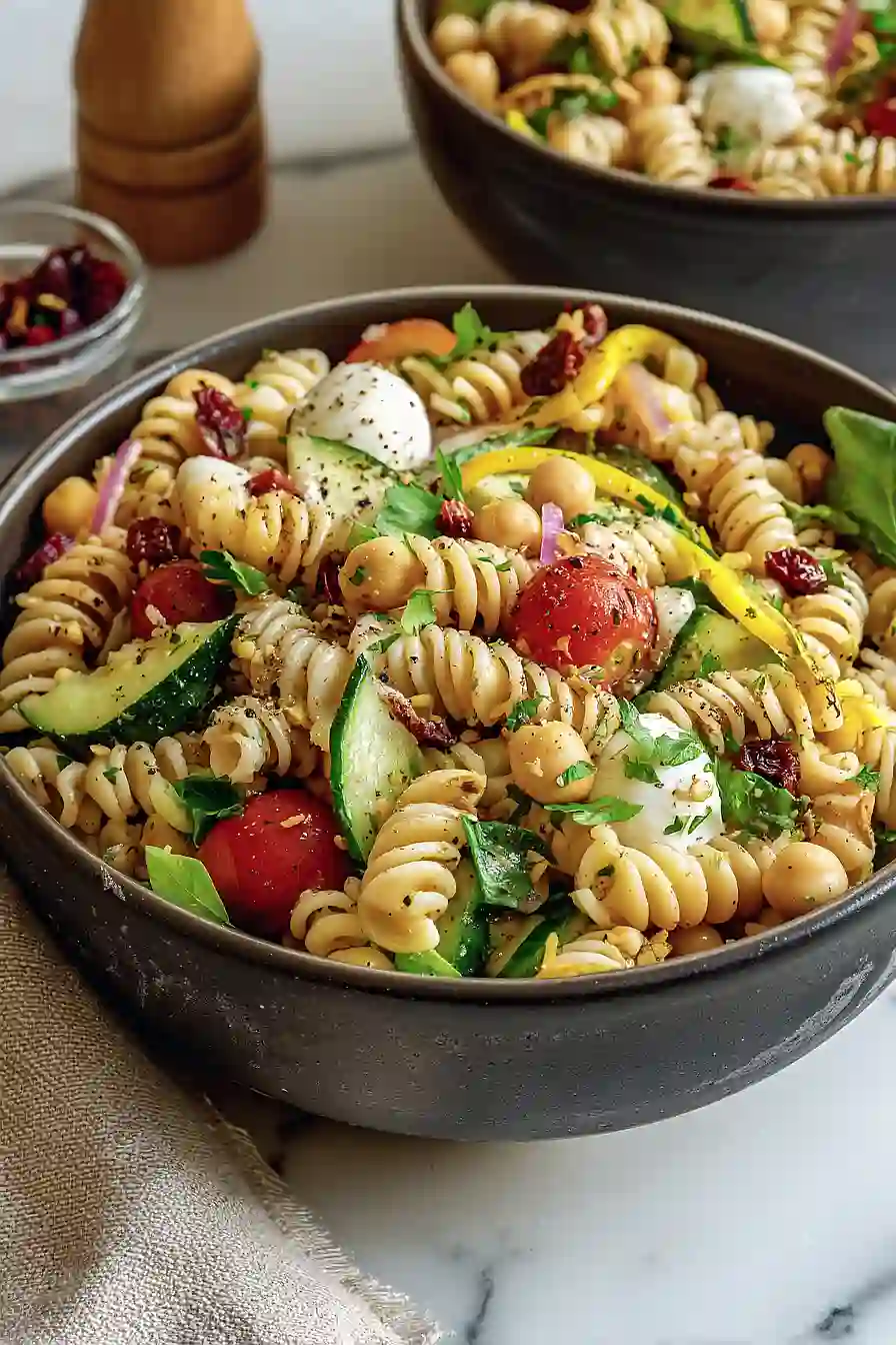 high protein chickpea pasta salad