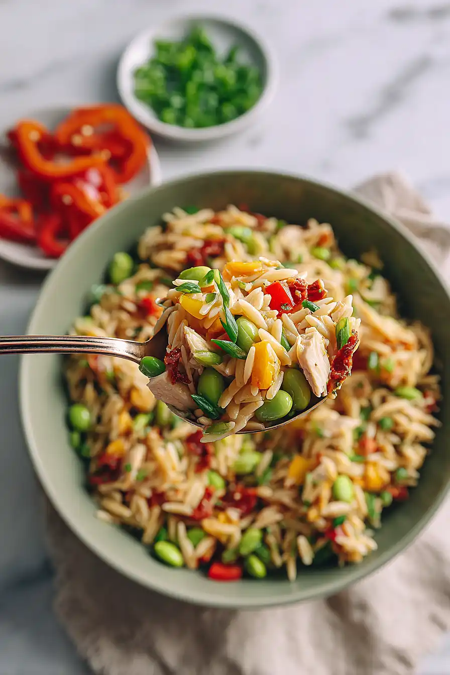 high protein chicken orzo pasta salad