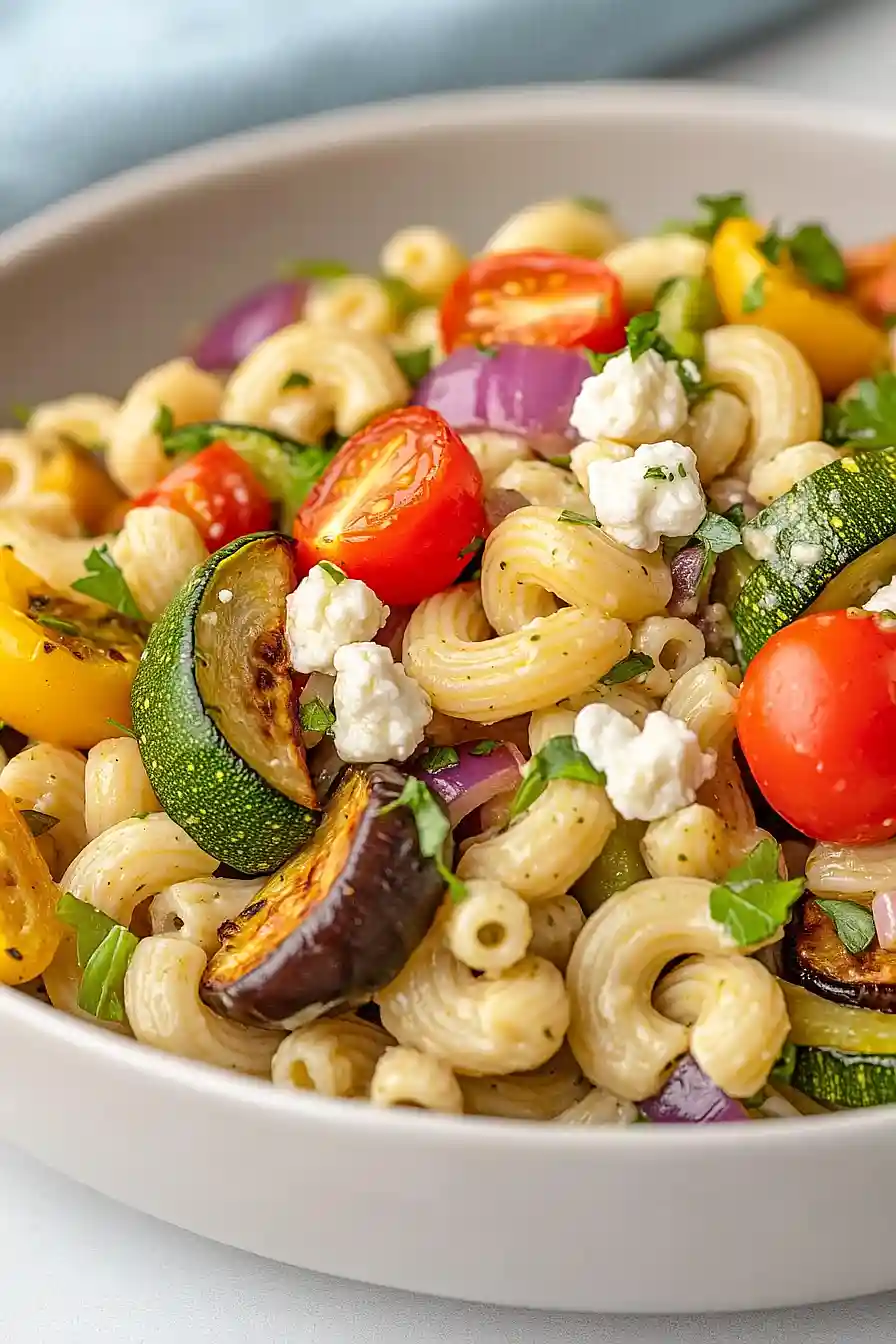roasted vegetable and goat cheese pasta salad