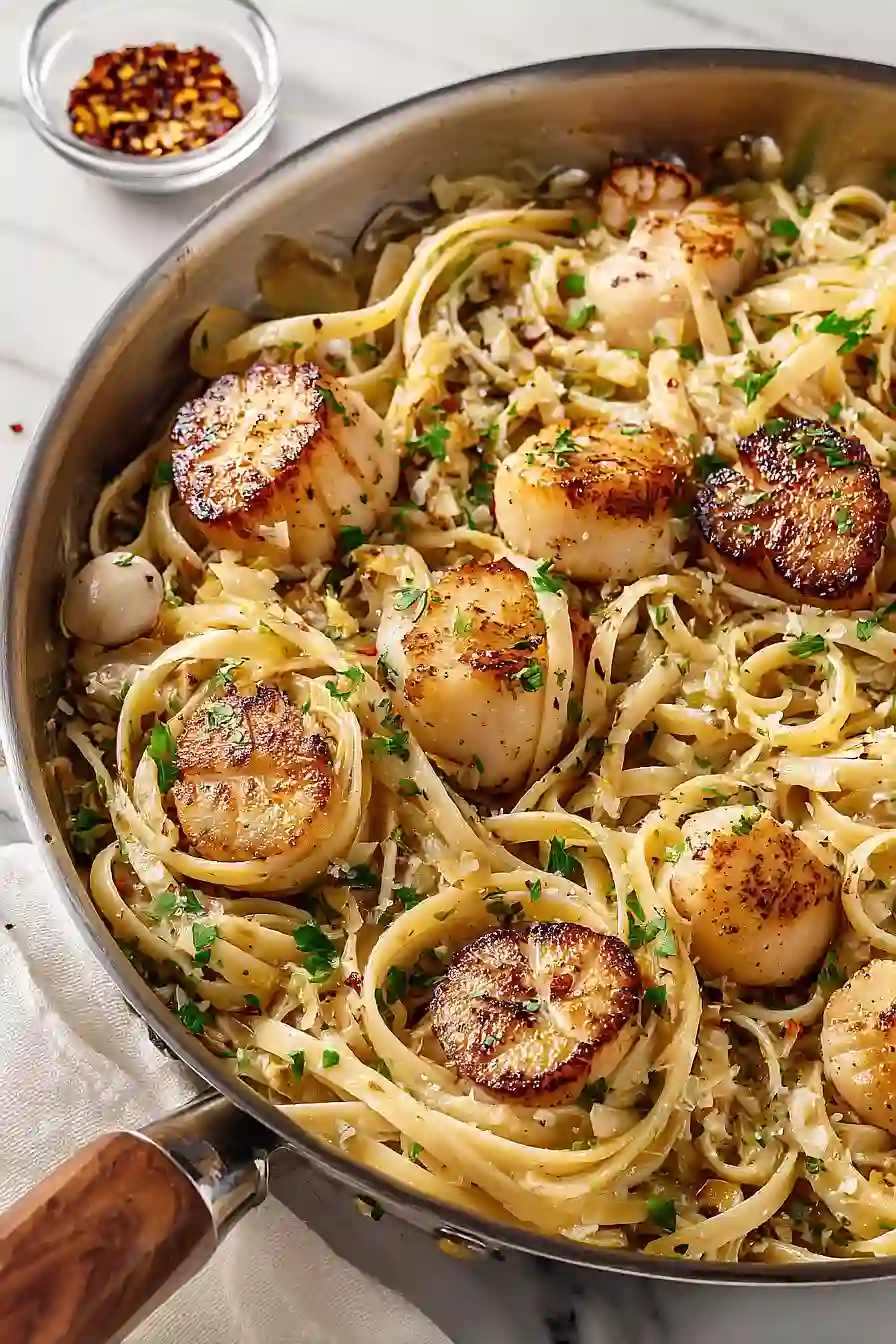 linguine with white clam sauce and scallops