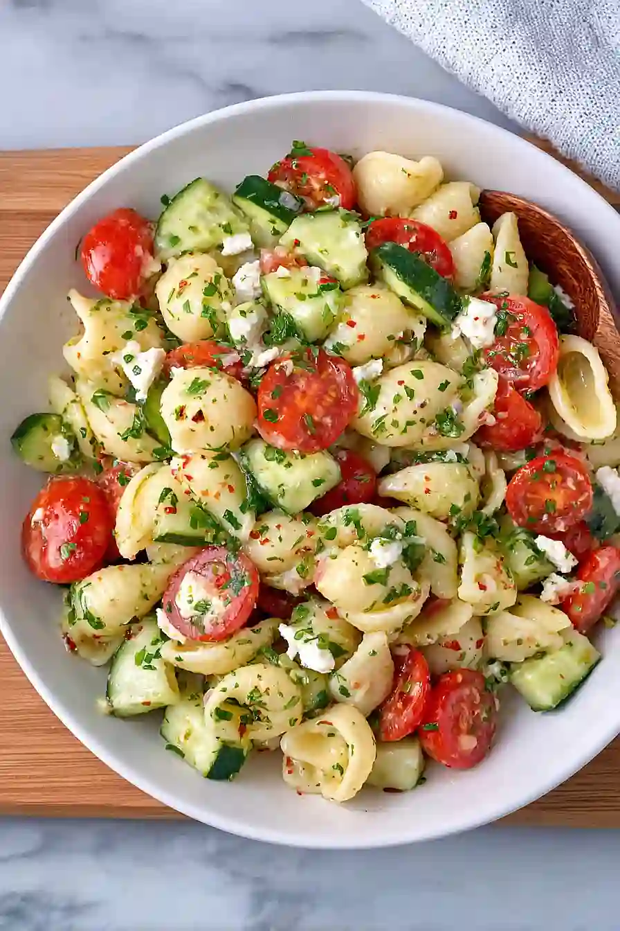 cucumber and tomato pasta salad with feta