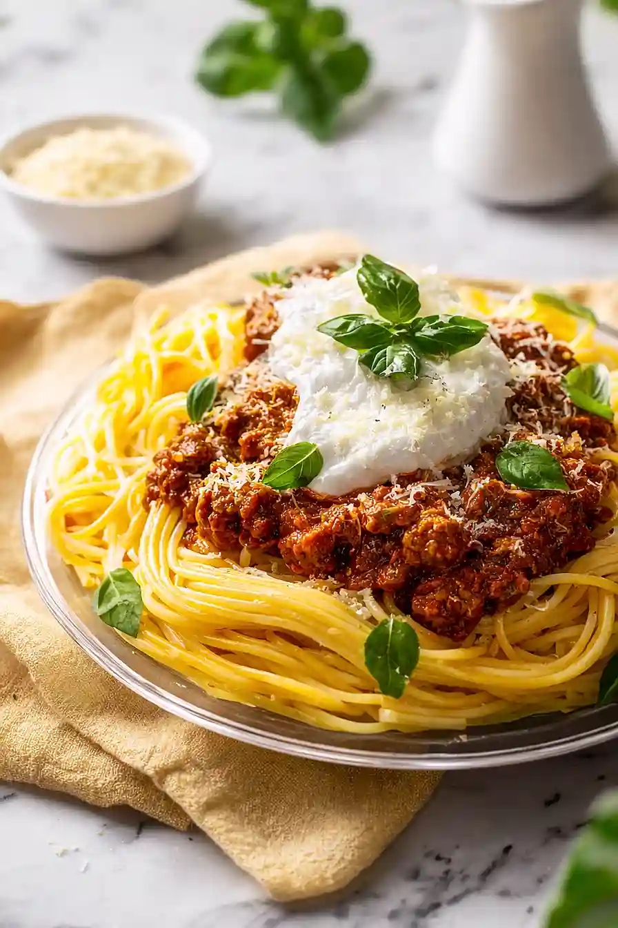 spaghetti bolognese with burrata