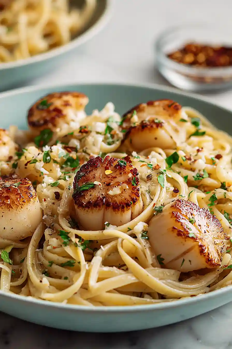 linguine with white clam sauce and scallops