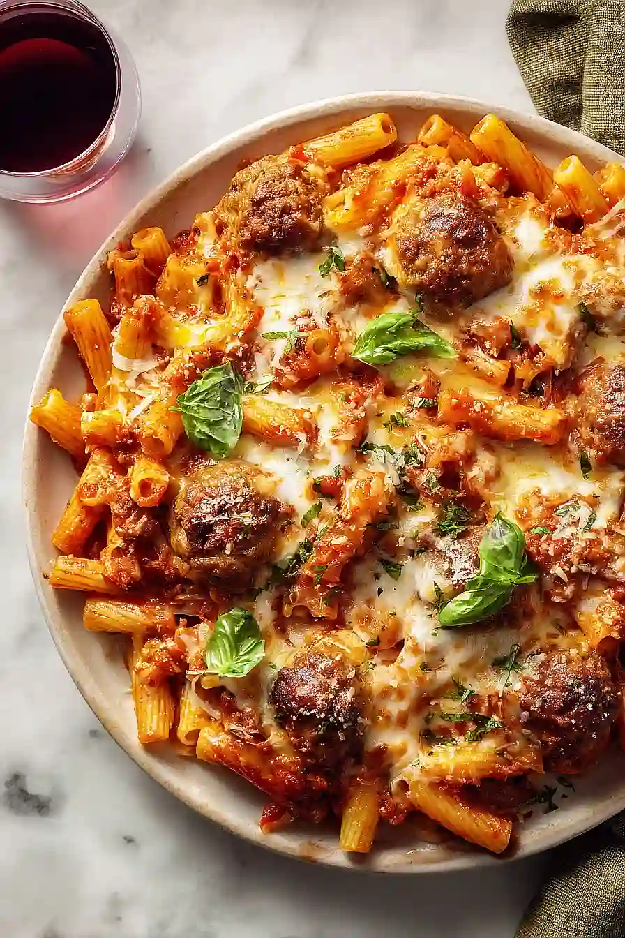 baked mostaccioli with meatballs