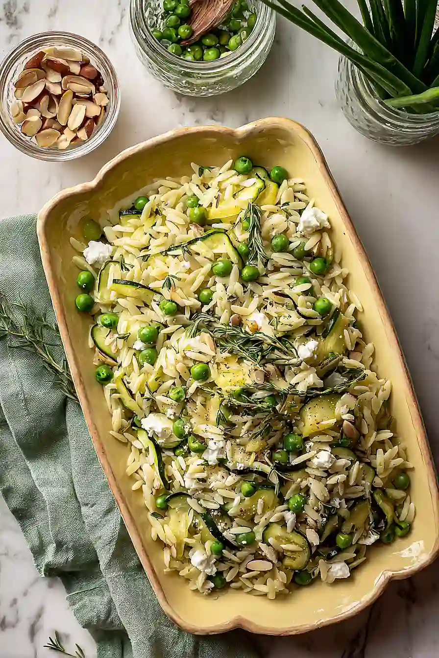zucchini, pea & goat cheese orzo salad